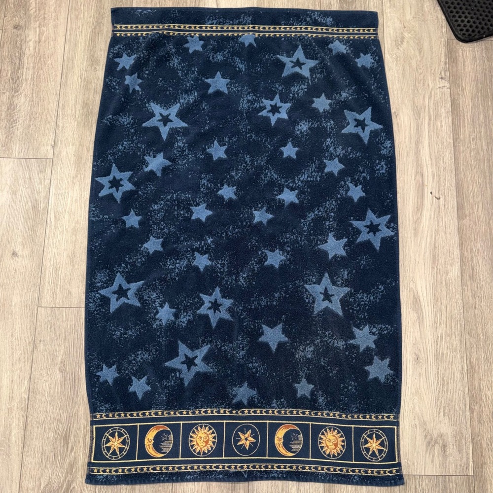Vintage Springmaid Celestial Sun Moon Stars Bath Towel 100% Cotton Navy 90s